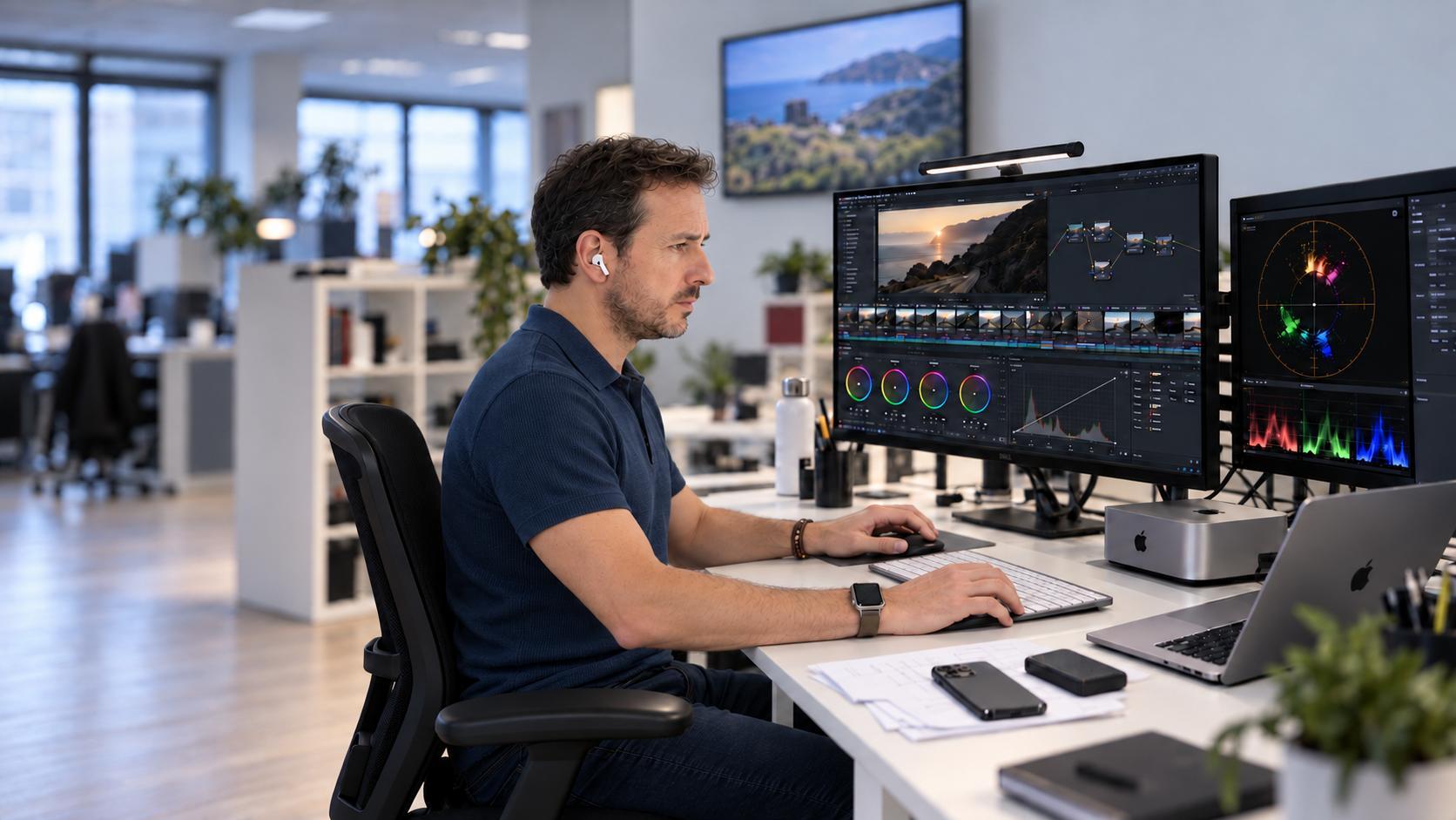 Escena ilustrativa de Iván Puente trabajando en un estudio de postproducción audiovisual