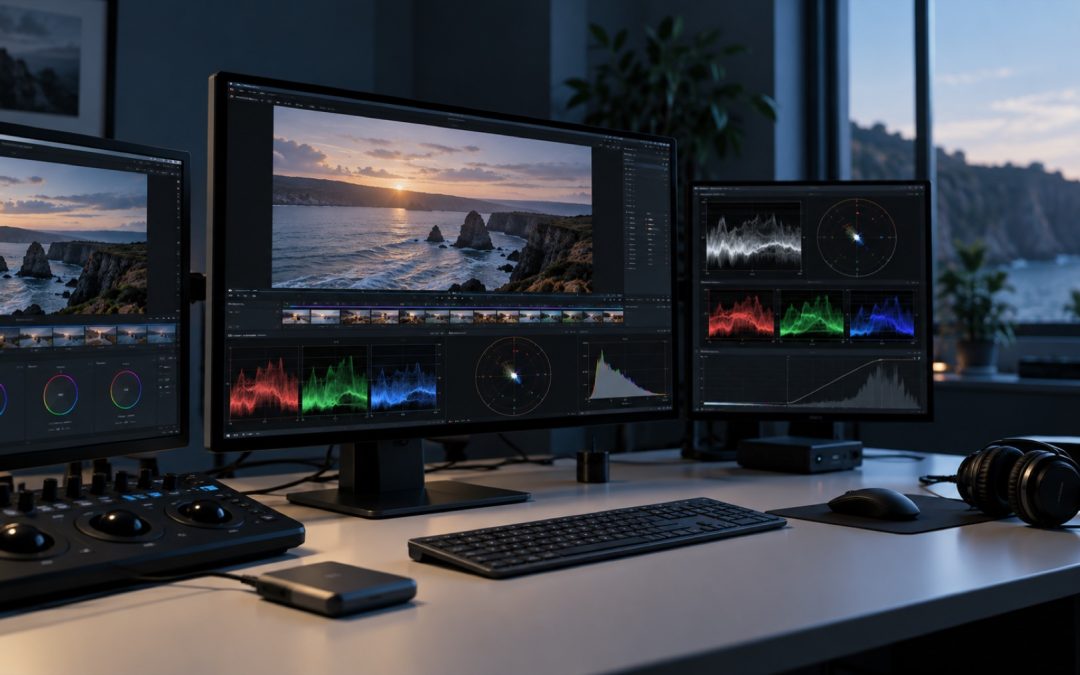 Monitores de postproducción con paisaje, forma de onda y vectorscopio