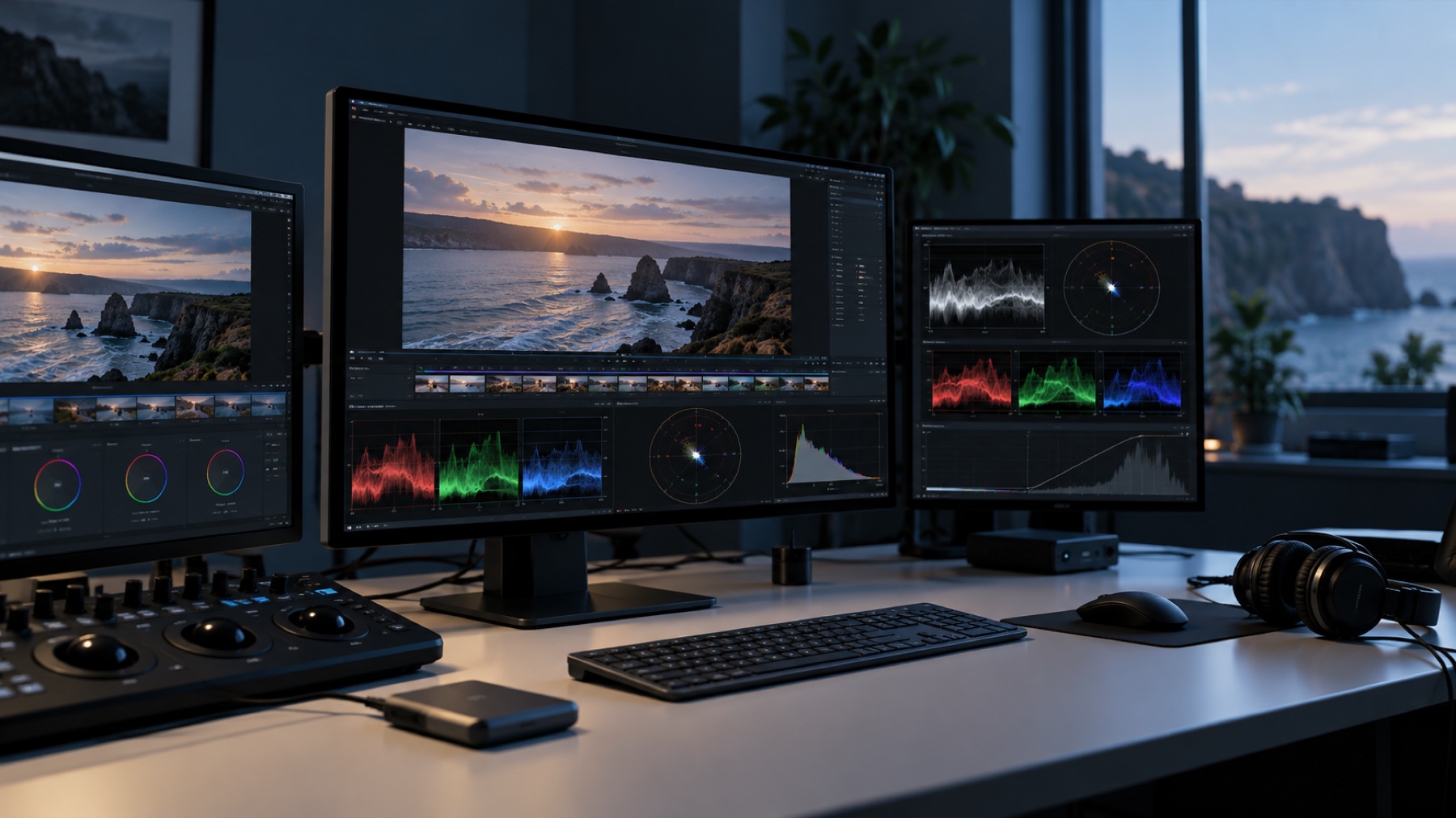 Monitores de postproducción con paisaje, forma de onda y vectorscopio
