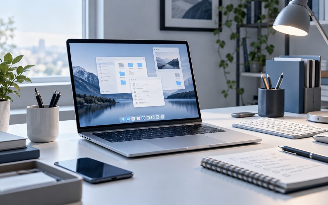 Escritorio ordenado con portátil, libreta y teclado en tonos azul grisáceo