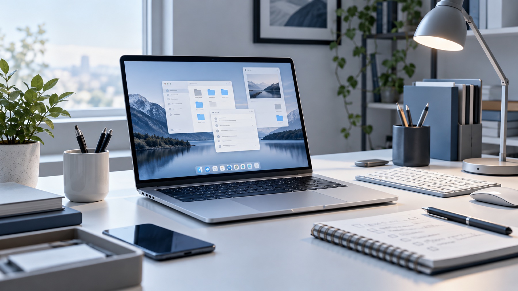 Escritorio ordenado con portátil, libreta y teclado en tonos azul grisáceo
