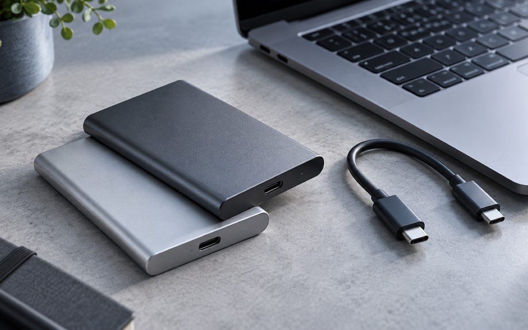 Discos SSD externos y cable USB-C sobre una mesa junto a un portátil