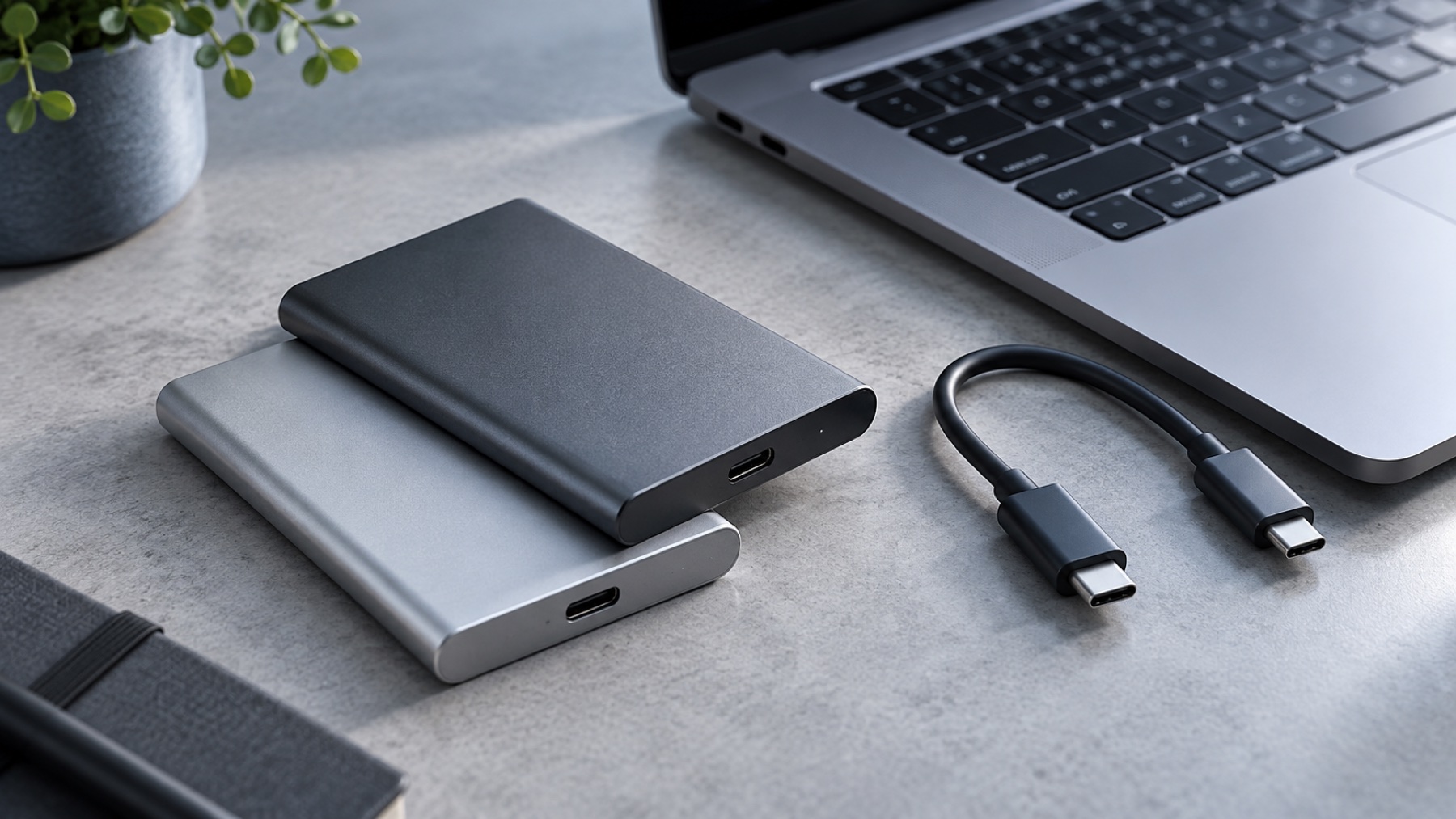 Discos SSD externos y cable USB-C sobre una mesa junto a un portátil